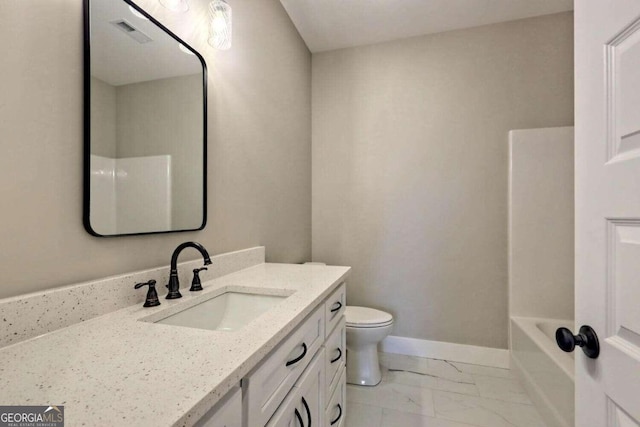 465 Wildflower Rdg, Warne, NC 28909 - bathroom featuring visible vents, baseboards, marble finish floor, toilet, and vanity