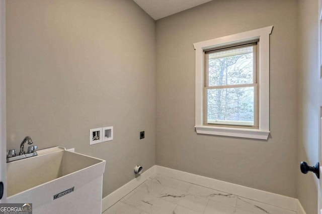 465 Wildflower Rdg, Warne, NC 28909 - washroom with baseboards, marble finish floor, laundry area, a sink, and electric dryer hookup