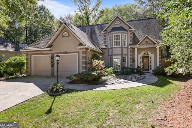 view of front of home with a front lawn and a garage