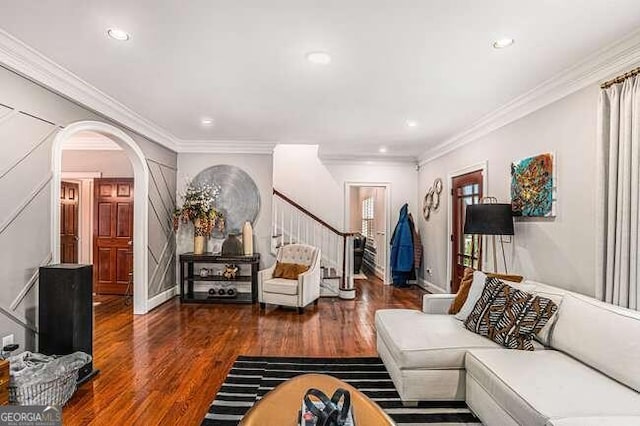 living room featuring crown molding and dark wood-type flooring