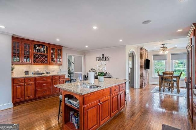 kitchen with backsplash, light stone counters, dark wood-type flooring, sink, and an island with sink