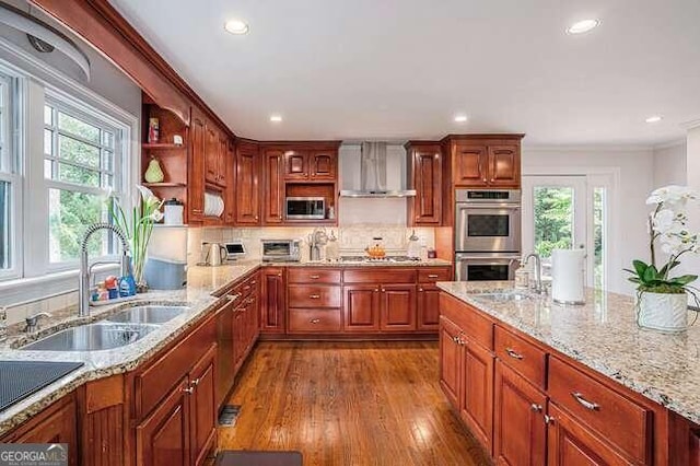 kitchen featuring wood-type flooring, appliances with stainless steel finishes, sink, and wall chimney range hood