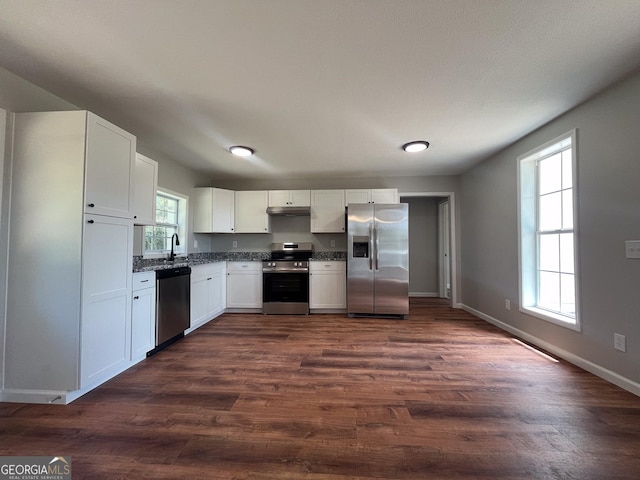 kitchen featuring white cabinetry, appliances with stainless steel finishes, sink, and dark hardwood / wood-style flooring