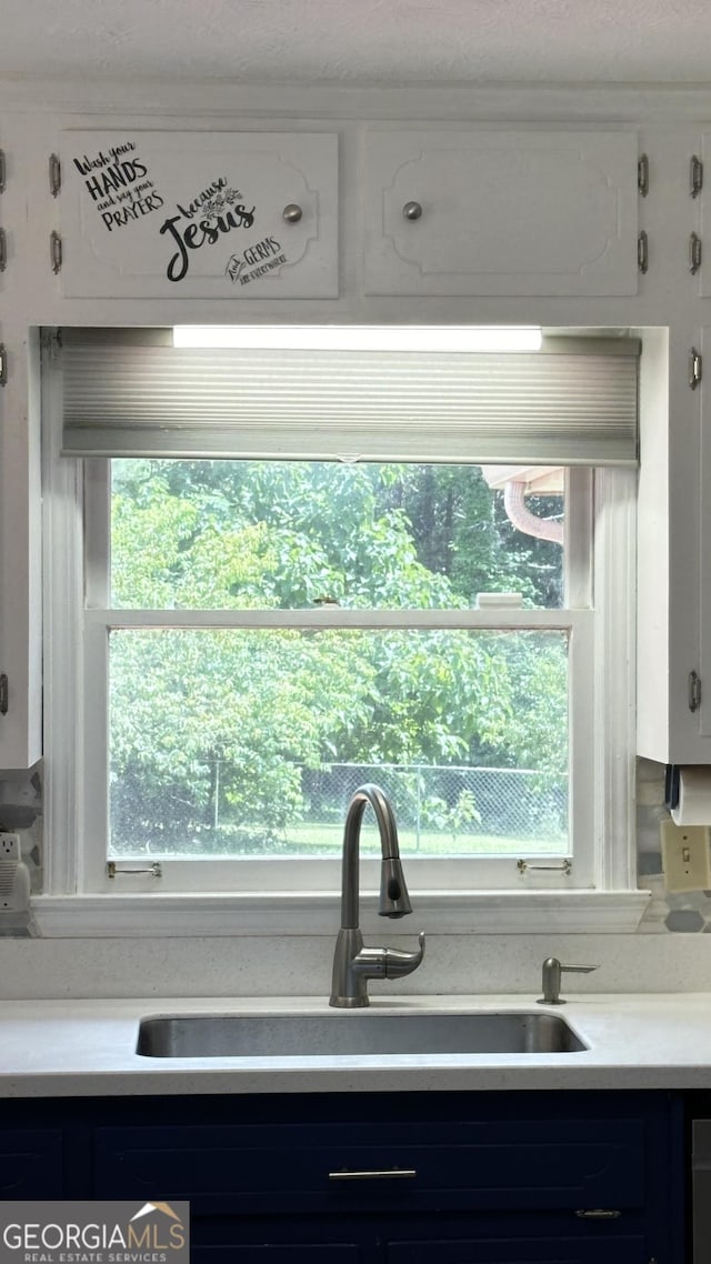 room details with light countertops, a sink, and white cabinets