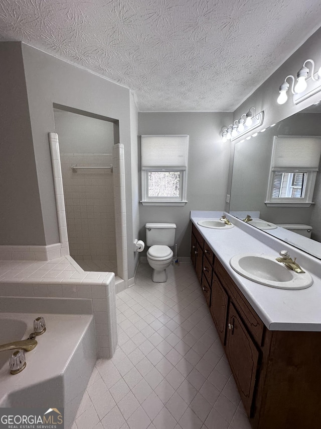 full bathroom featuring double vanity, a sink, toilet, and a washtub