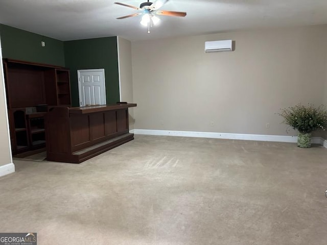 carpeted living room with ceiling fan and a wall mounted AC