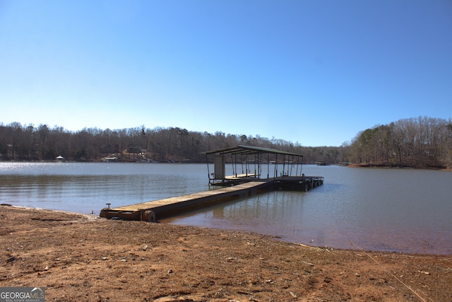 dock area featuring a water view and a view of trees