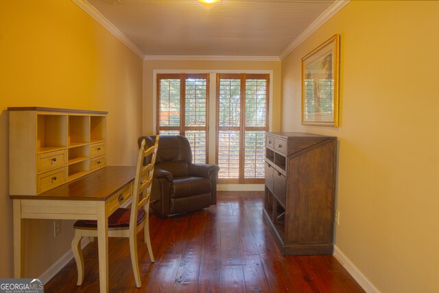 dining space with crown molding, wooden ceiling, and hardwood / wood-style flooring