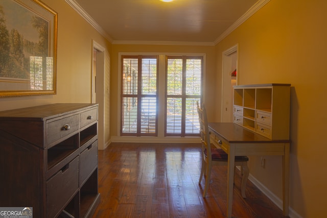 doorway to outside with baseboards, dark wood finished floors, and crown molding