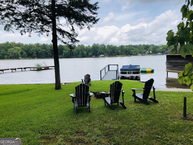 view of yard with a dock and a water view