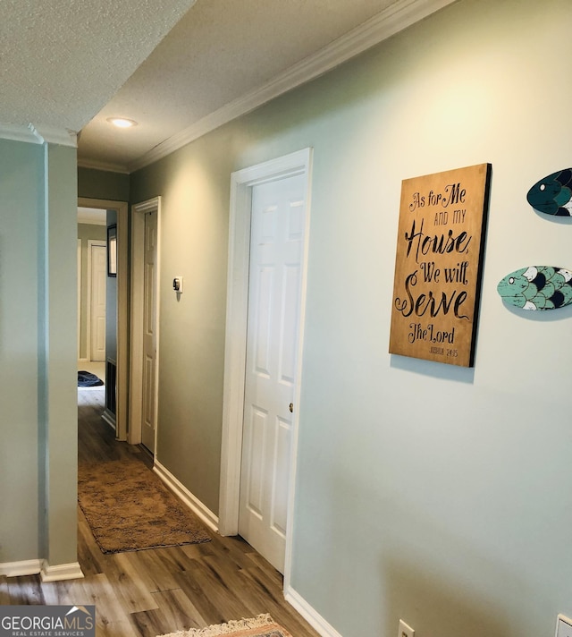 hallway featuring crown molding, wood-type flooring, and a textured ceiling