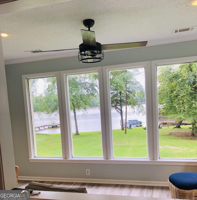 room details with a water view, wood-type flooring, crown molding, and a textured ceiling