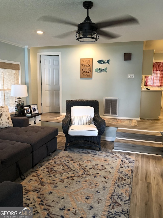 living room featuring hardwood / wood-style floors and ceiling fan