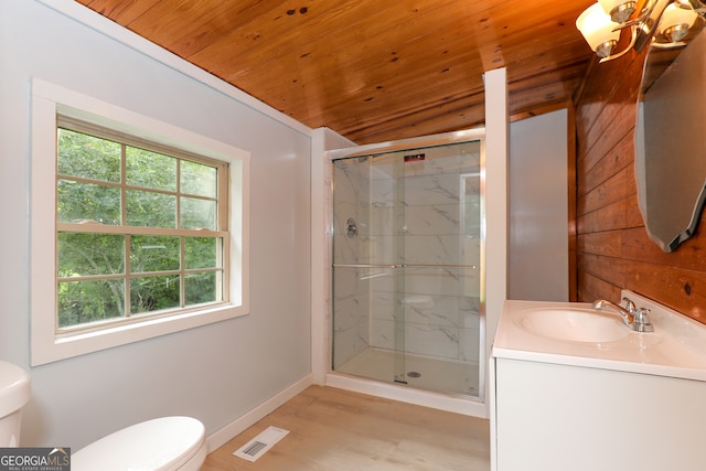 bathroom with wood ceiling, hardwood / wood-style flooring, and toilet