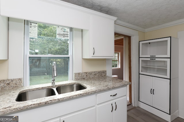 kitchen featuring sink, light stone counters, crown molding, a textured ceiling, and white cabinetry