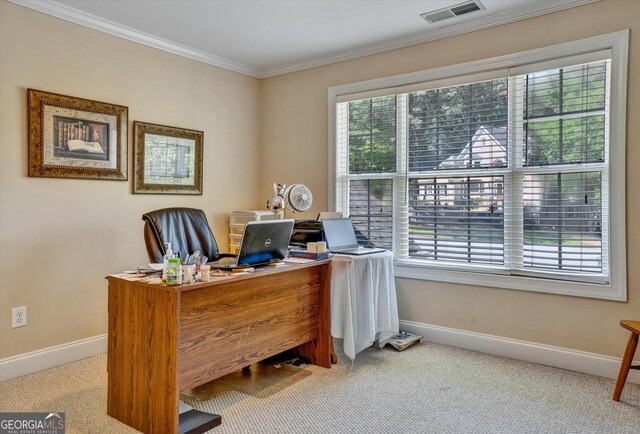 office with light carpet and ornamental molding