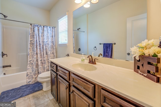 full bathroom featuring vanity, tile patterned flooring, toilet, and shower / bath combination with curtain