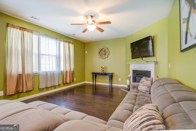 living room with ceiling fan and hardwood / wood-style flooring