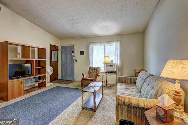 living room featuring cooling unit, lofted ceiling, light carpet, and a textured ceiling