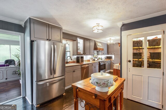 kitchen featuring a textured ceiling, dark hardwood / wood-style floors, stainless steel appliances, ornamental molding, and sink