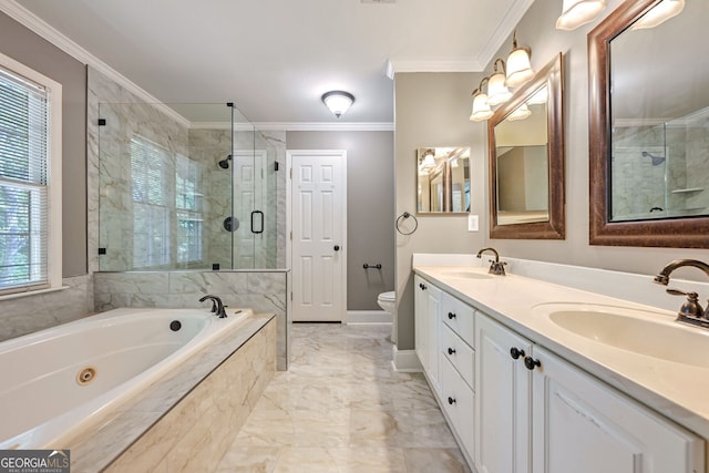 full bathroom with vanity, ornamental molding, separate shower and tub, and toilet