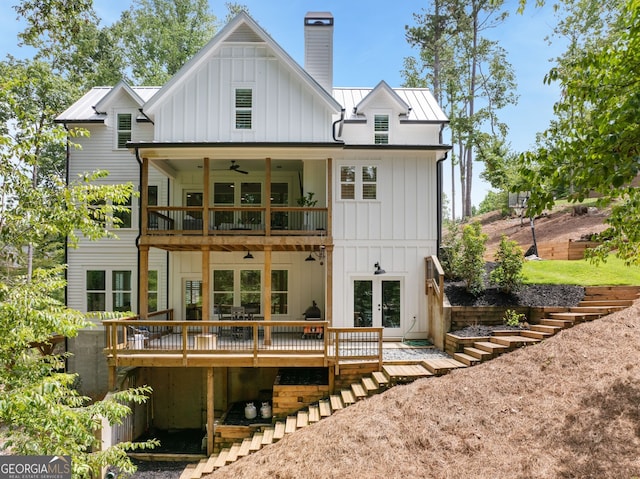 back of house featuring a wooden deck, french doors, and ceiling fan