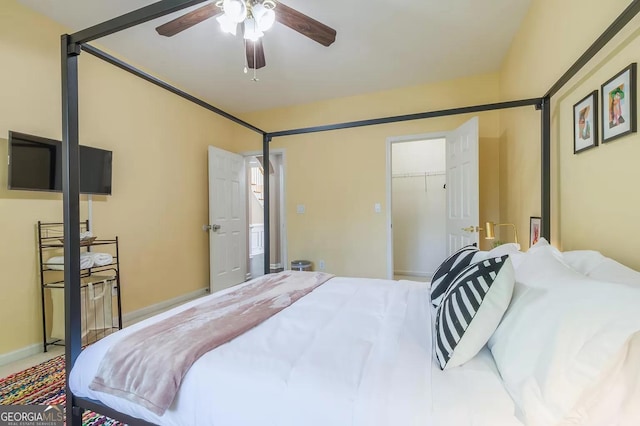 bedroom with a walk in closet, ceiling fan, and a closet