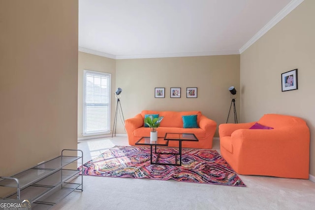 carpeted living room featuring crown molding