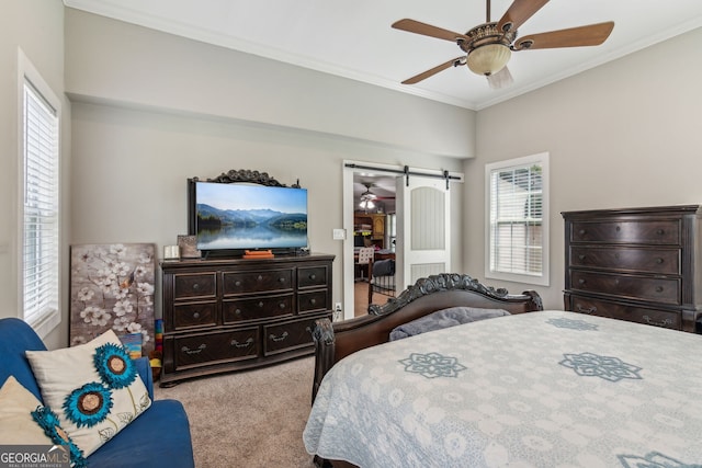 carpeted bedroom featuring ceiling fan, ornamental molding, and a barn door