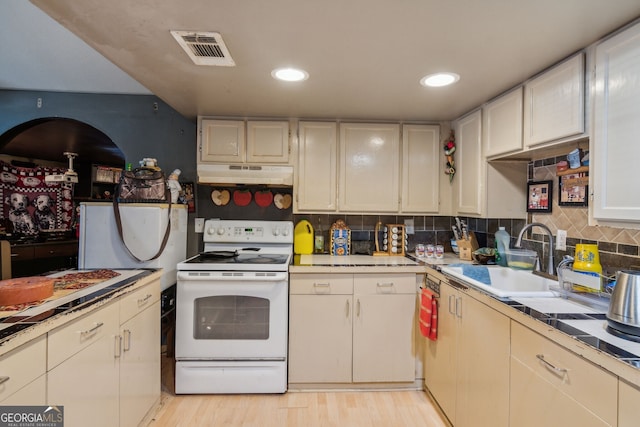 kitchen with sink, white electric range oven, light hardwood / wood-style flooring, and white cabinetry