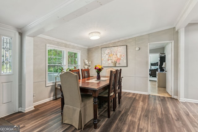 dining room featuring a wealth of natural light, crown molding, and dark wood-type flooring