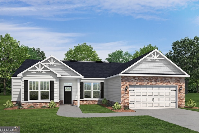 craftsman-style home with an attached garage, a front lawn, and concrete driveway