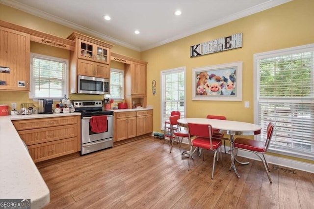 kitchen with light wood finished floors, light countertops, appliances with stainless steel finishes, and glass insert cabinets