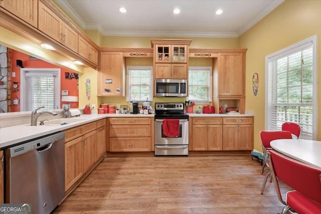 kitchen featuring stainless steel appliances, light countertops, a sink, and glass insert cabinets