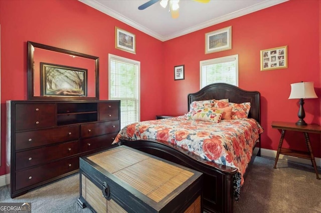 bedroom featuring ornamental molding, carpet floors, baseboards, and a ceiling fan