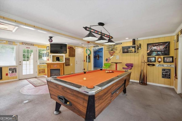 recreation room featuring baseboards, a fireplace, billiards, and crown molding