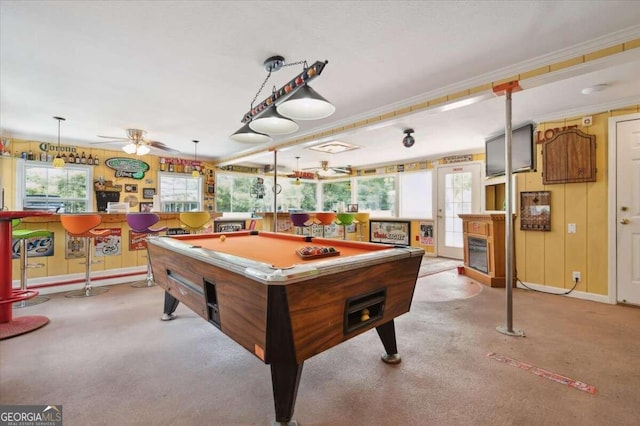 game room featuring a ceiling fan, pool table, and crown molding