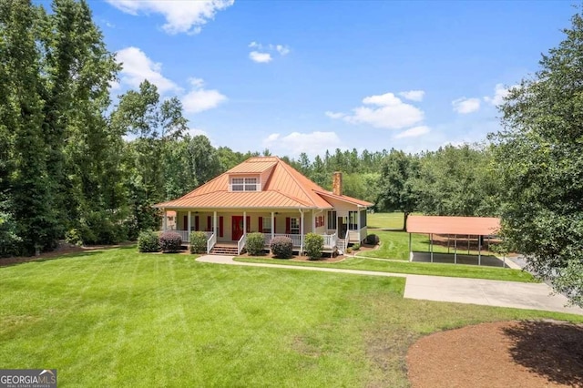 view of front of home featuring a carport, a porch, and a front yard