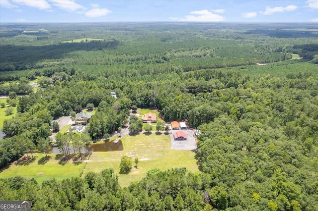 bird's eye view with a wooded view