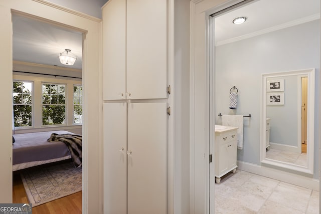 bathroom with vanity, crown molding, and hardwood / wood-style flooring