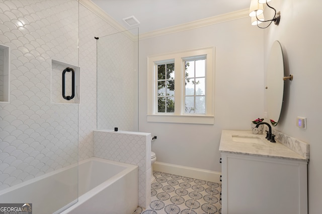 bathroom with vanity, toilet, tile patterned floors, and ornamental molding