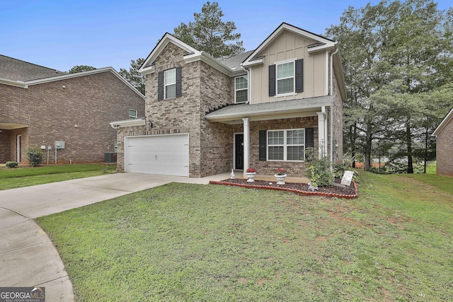 craftsman-style home featuring a garage, central AC, and a front yard