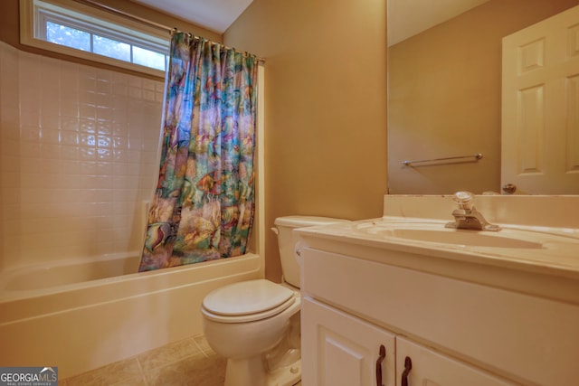 full bathroom featuring shower / tub combo, tile patterned floors, toilet, and vanity