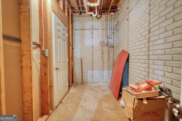 basement with brick wall