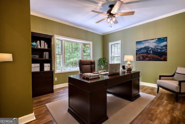 home office featuring hardwood / wood-style flooring, crown molding, and ceiling fan