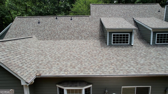 view of property exterior with roof with shingles