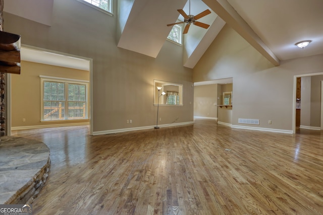 unfurnished living room with ceiling fan, beam ceiling, light hardwood / wood-style flooring, and high vaulted ceiling