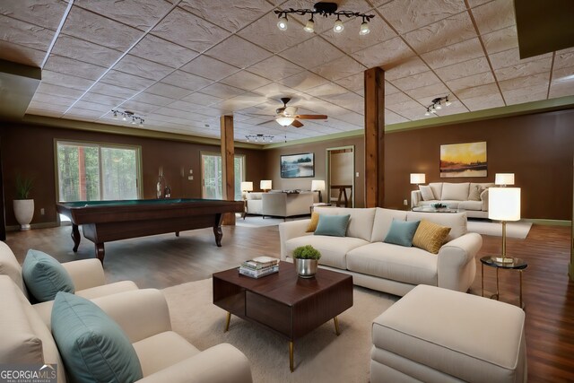 game room with wood-type flooring, ceiling fan, and billiards