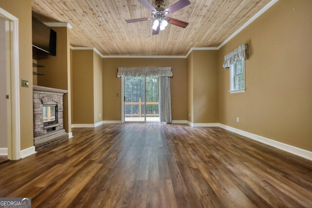 unfurnished living room with a fireplace, wooden ceiling, wood-type flooring, and ornamental molding