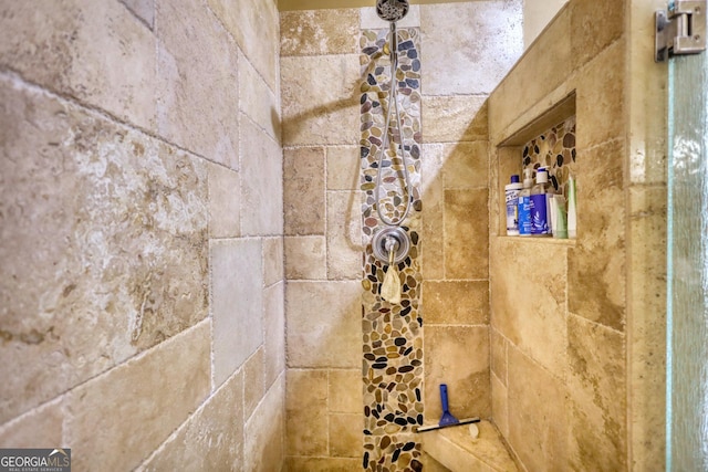 interior details featuring a tile shower